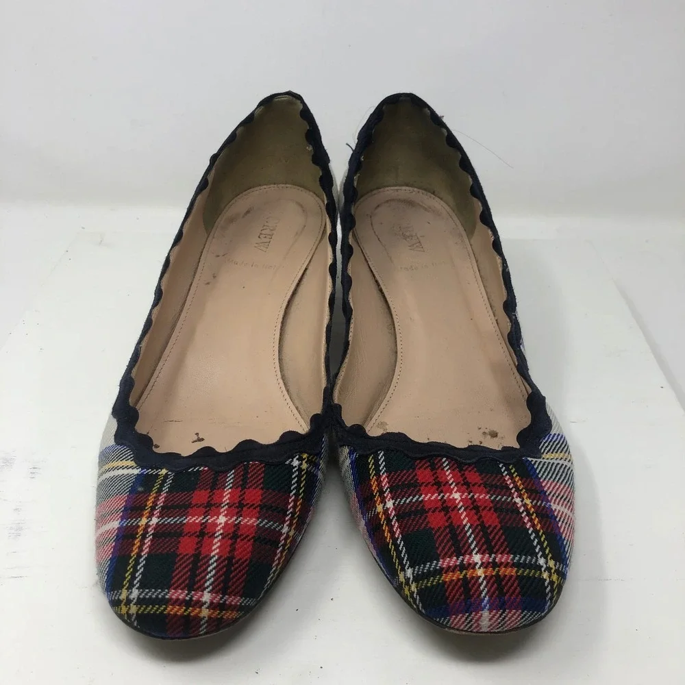 J.Crew Plaid Tartan Block Heel Pumps Womens 9 Multi-Color Scalloped